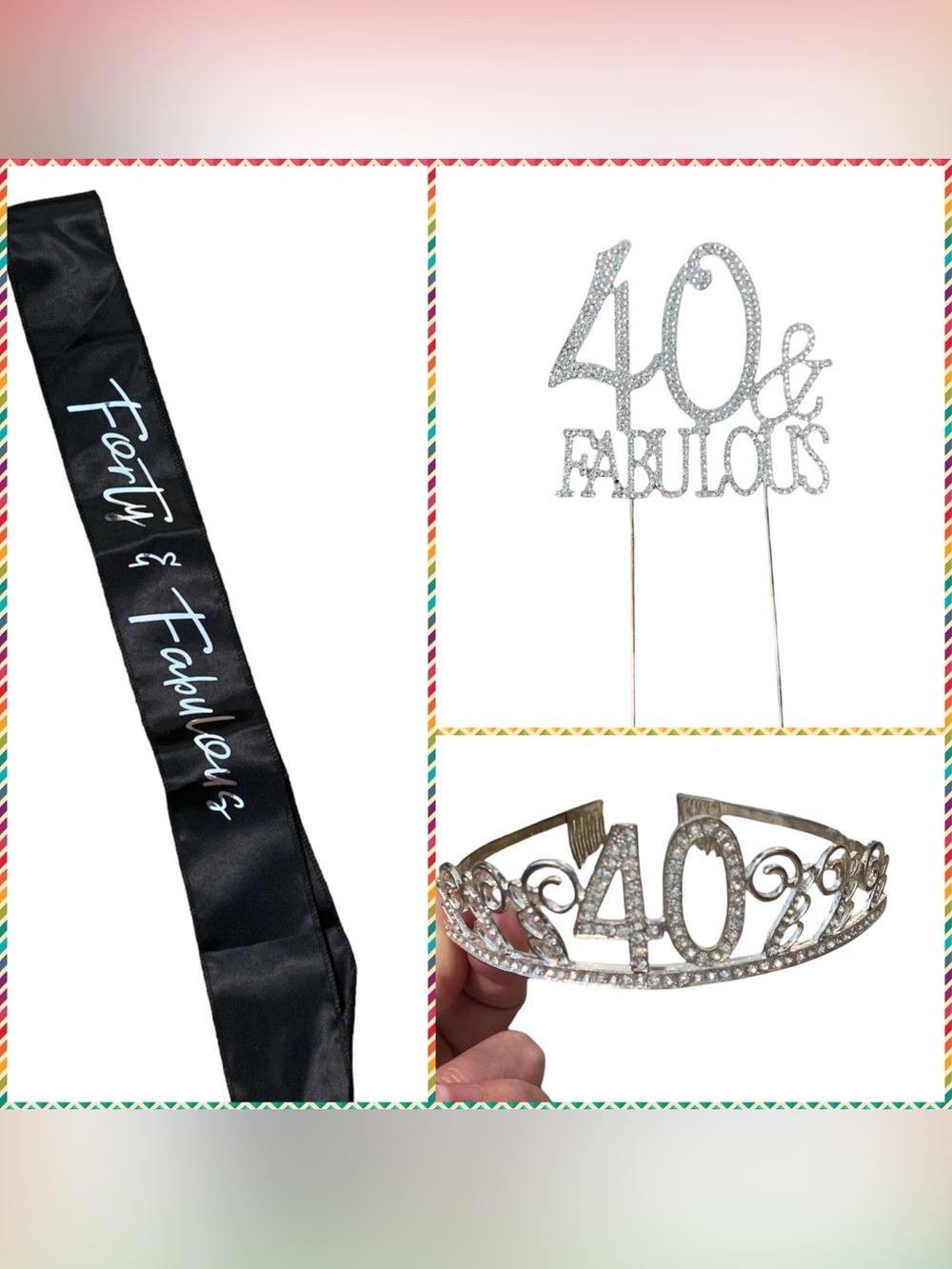 40 and Fabulous Birthday Accessories Set Sash Rhinestone Crown Cake Topper Party
